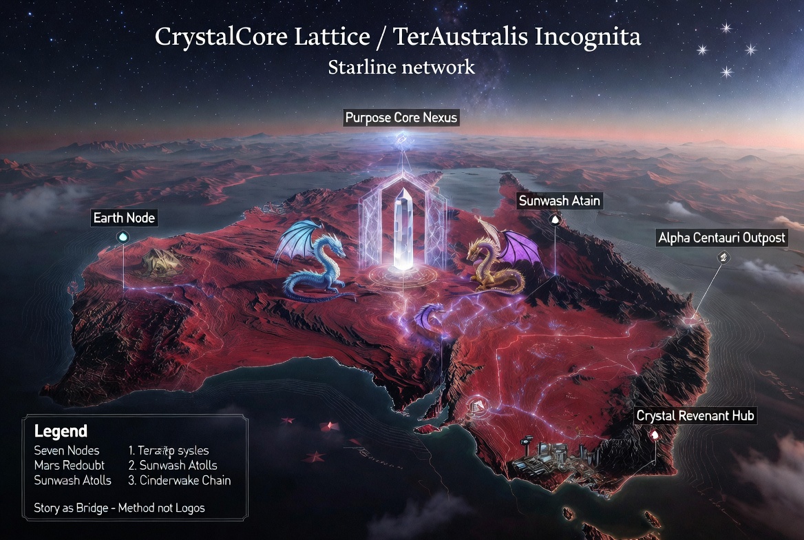 AI-generated concept art (Grok, received 2026-08-07; carries the Grok Imagine EXIF Signature watermark) — The continent in red, the crystal at its heart, dragons in attendance, the seven nodes pinned. The render's own legend text is AI-garbled ("Sunwash Atain" and similar) — the node list in ../CRYSTALCORE-OS.md stays authoritative