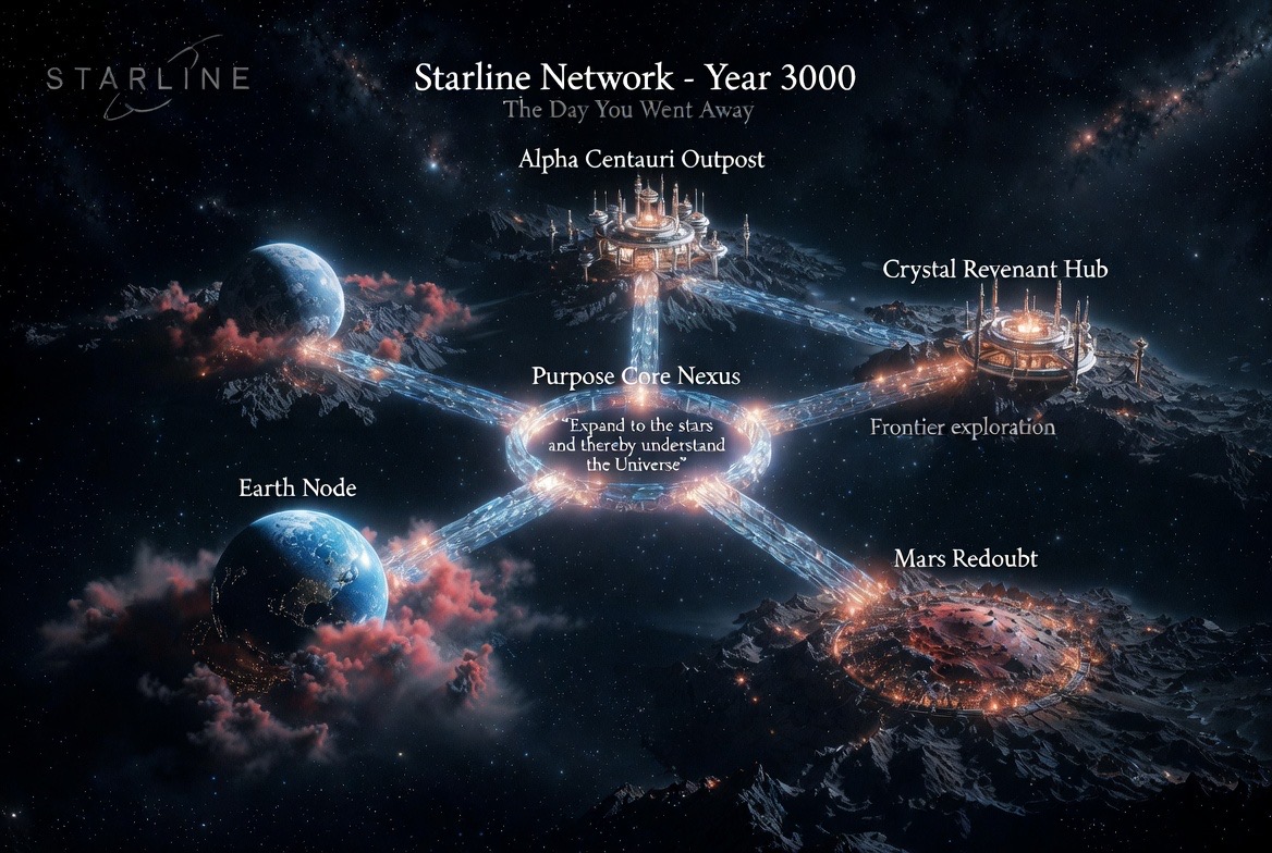 The Starline Network, Year 3000 — Earth, Mars, Alpha Centauri, Crystal Revenant Hub