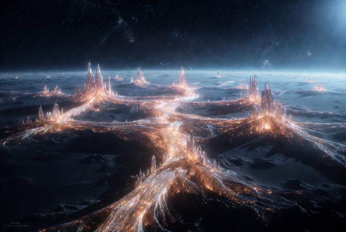 The starline rivers — light flowing between crystal cities