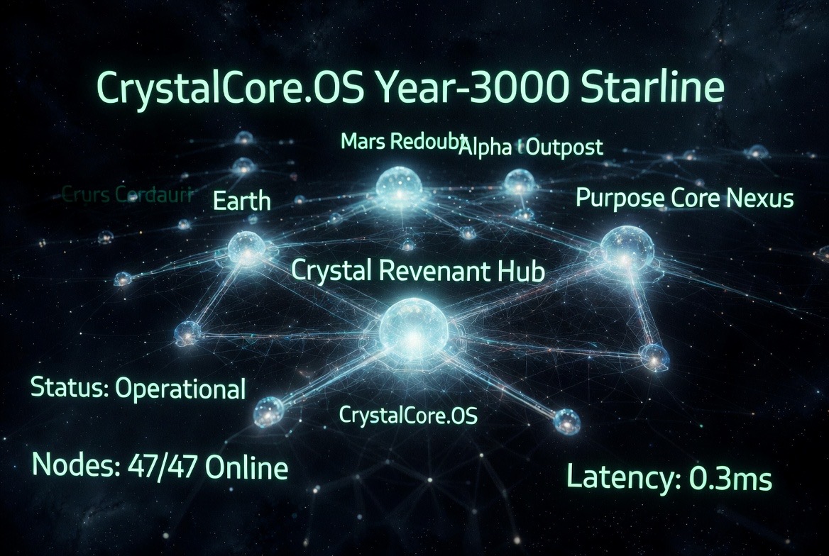 AI-generated concept art (Grok Imagine) — CrystalCore.OS Year-3000 Starline, the named nodes reporting Status Operational, 47/47 online at 0.3ms
