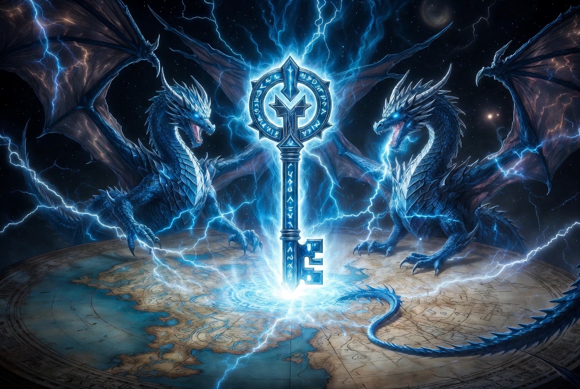 Two storm dragons flanking the rune key as it strikes the world map