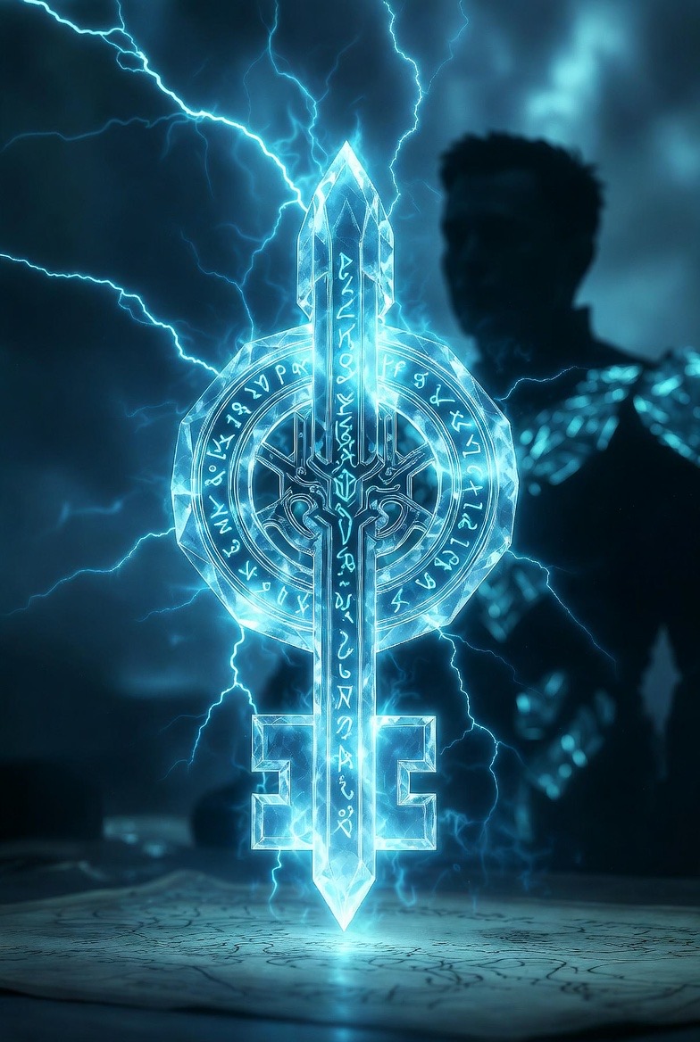 The sigil-key wreathed in lightning, the armored watcher behind