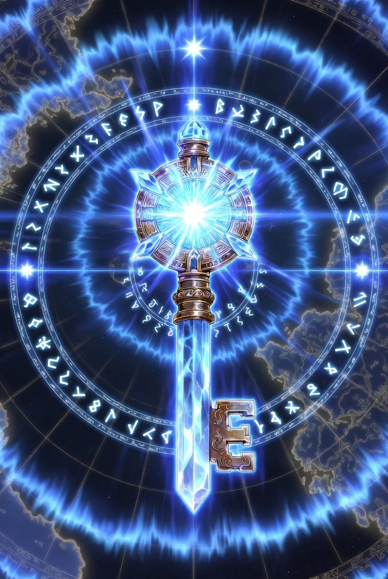 The runed talisman key upright in its blue rune circle over the southern chart