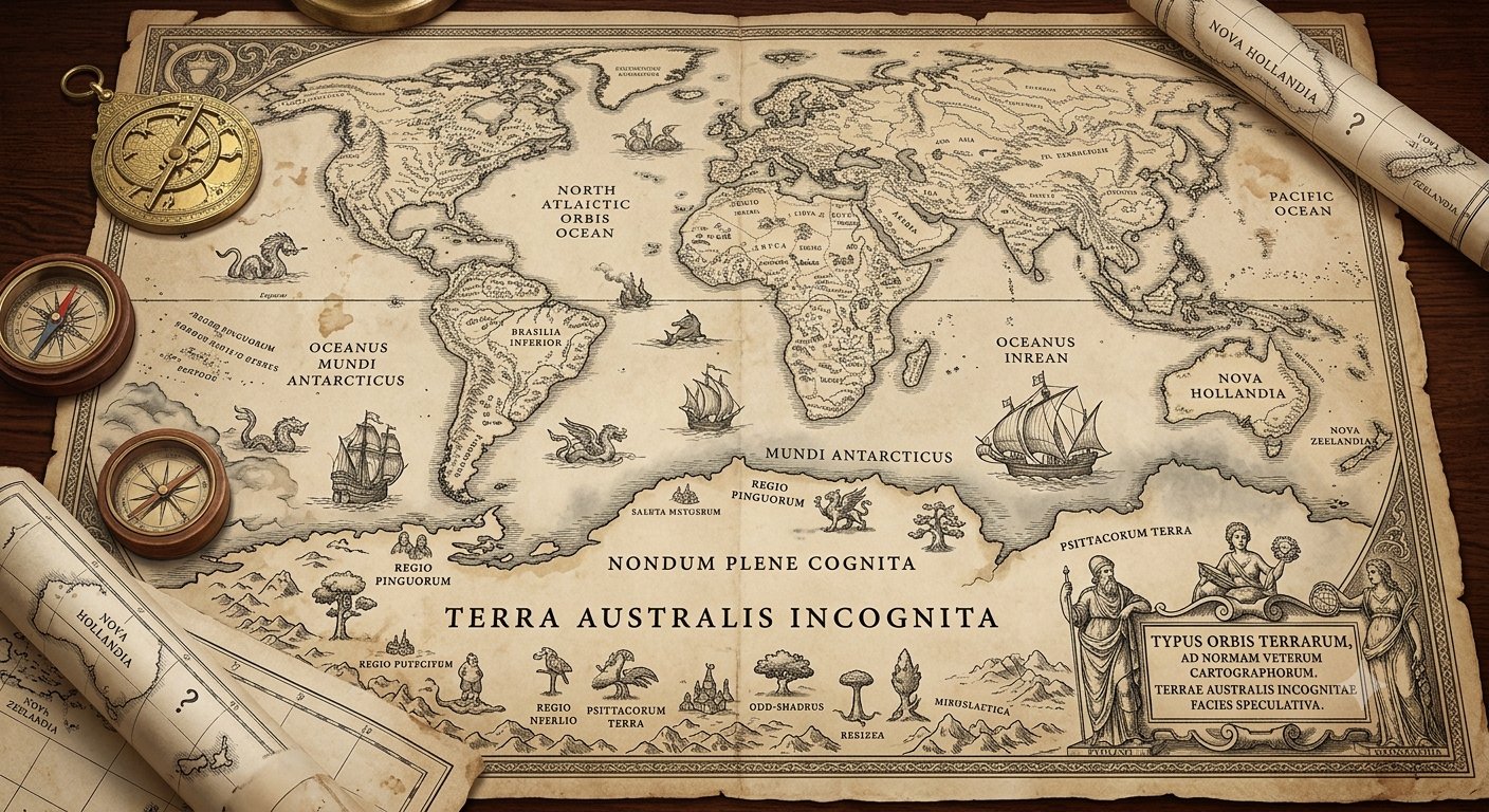 AI-generated concept art (Grok Imagine) — An antique-cartography rendering of the world labeled "Terra Australis Incognita — Nondum Plene Cognita," compasses and rolled charts at the edges — the project's name as a 16th-century mapmaker might have drawn it