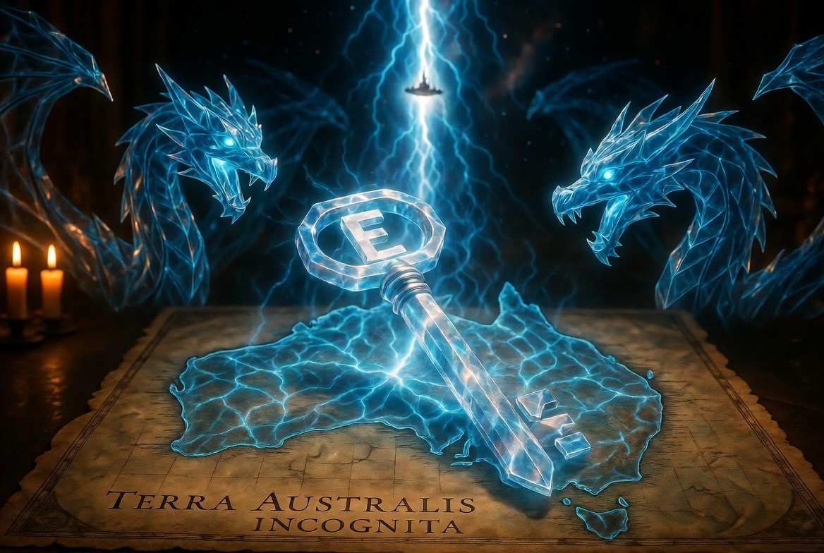 The key laid across the glowing continent on the Terra Australis Incognita parchment