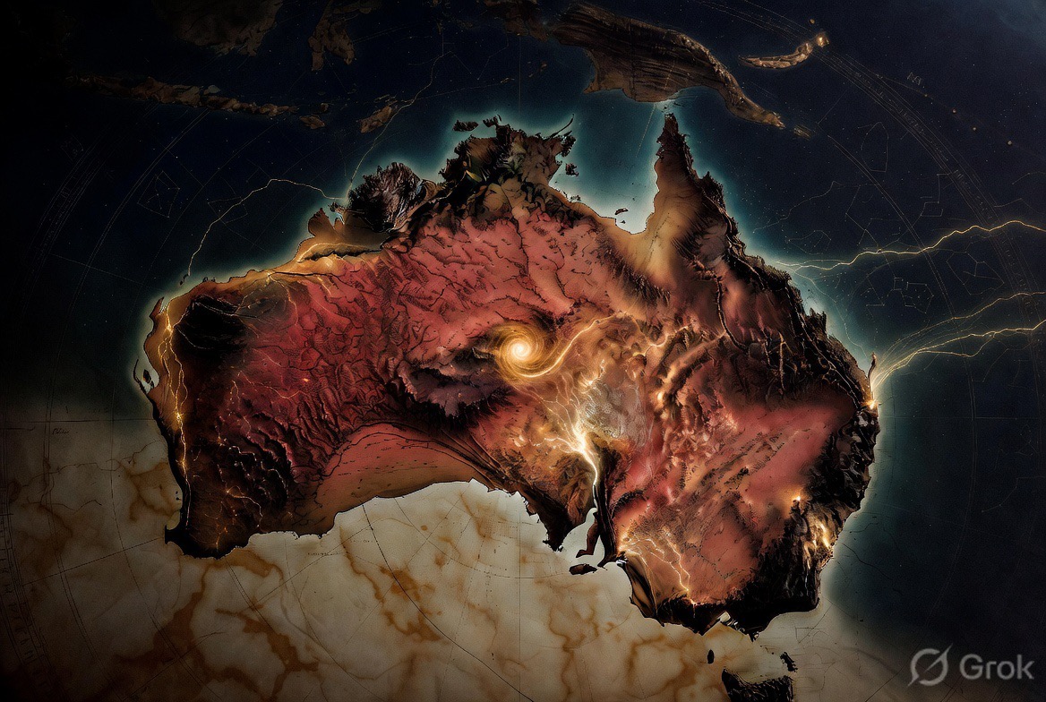 AI-generated concept art (Grok Imagine) — the continent from orbit, the golden spiral turning at its centre, light arcing out past the coast