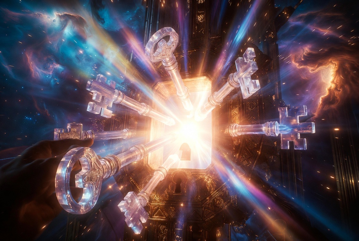 A hand offering many keys at once to a single glowing gilt lock