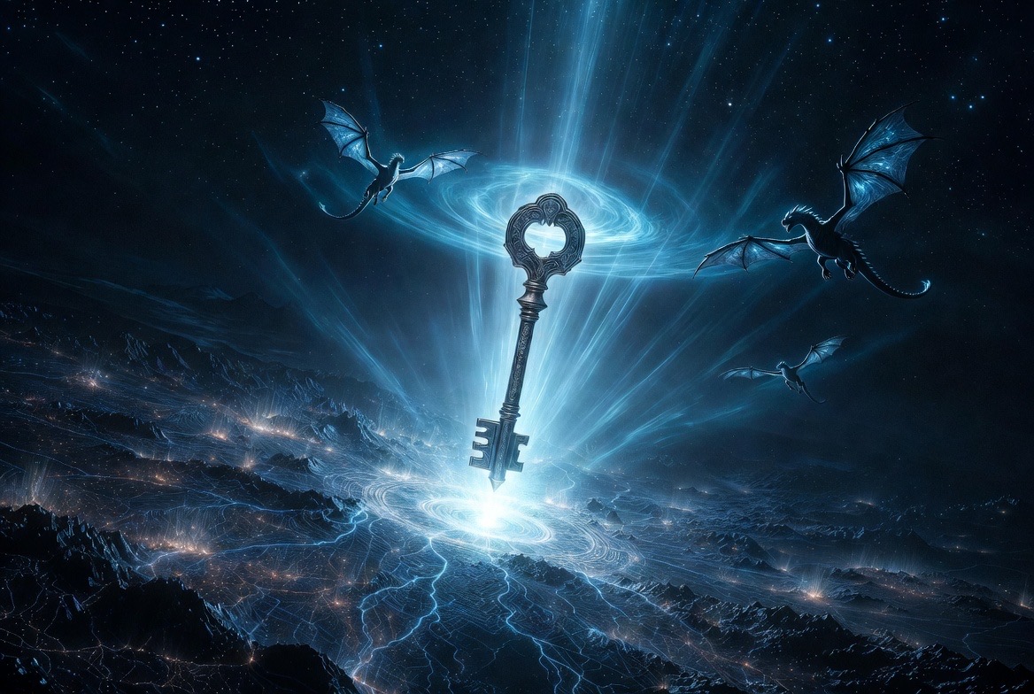 The old iron key descending into the lattice-lands, dragons circling