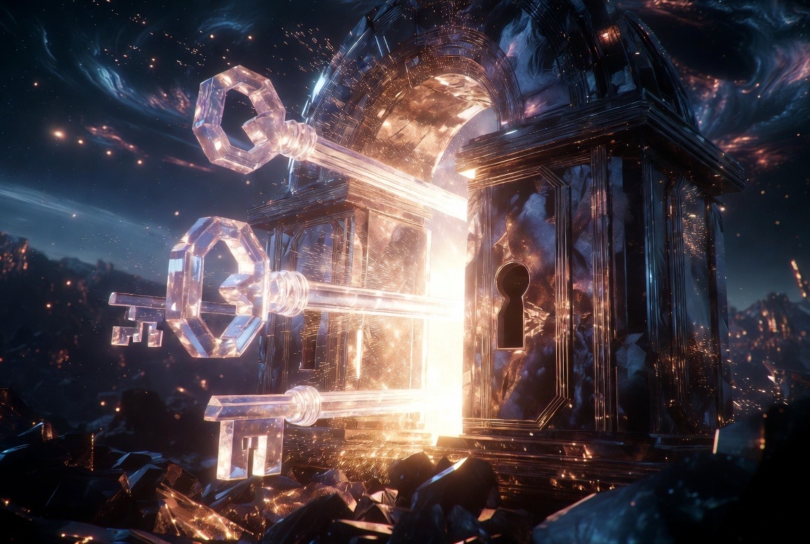 Three crystal keys entering the vault door together, blazing light