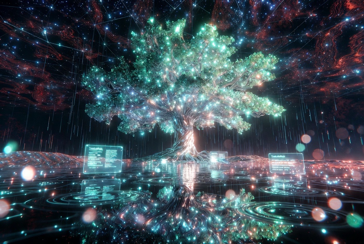 AI-generated concept art (Grok Imagine) — the luminous crystal tree on the mirrored plain, light falling as rain, node readouts among its roots