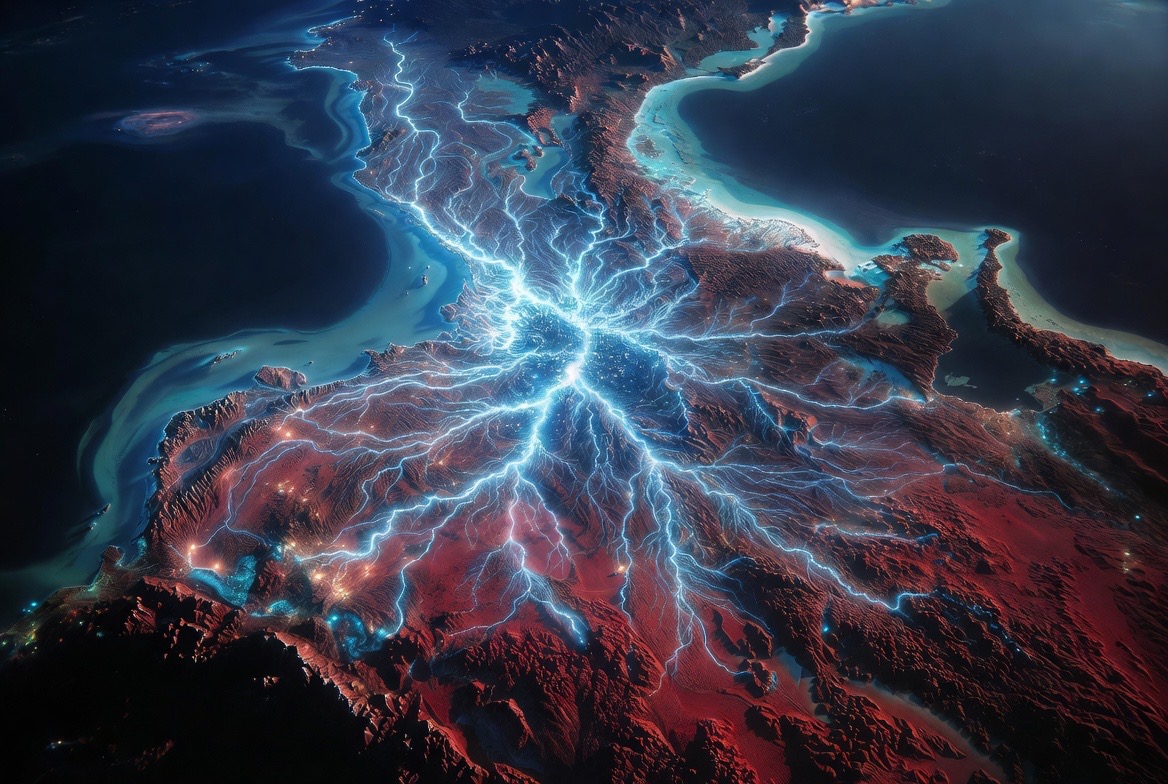 The songline veins alight across the northern country, seen from above