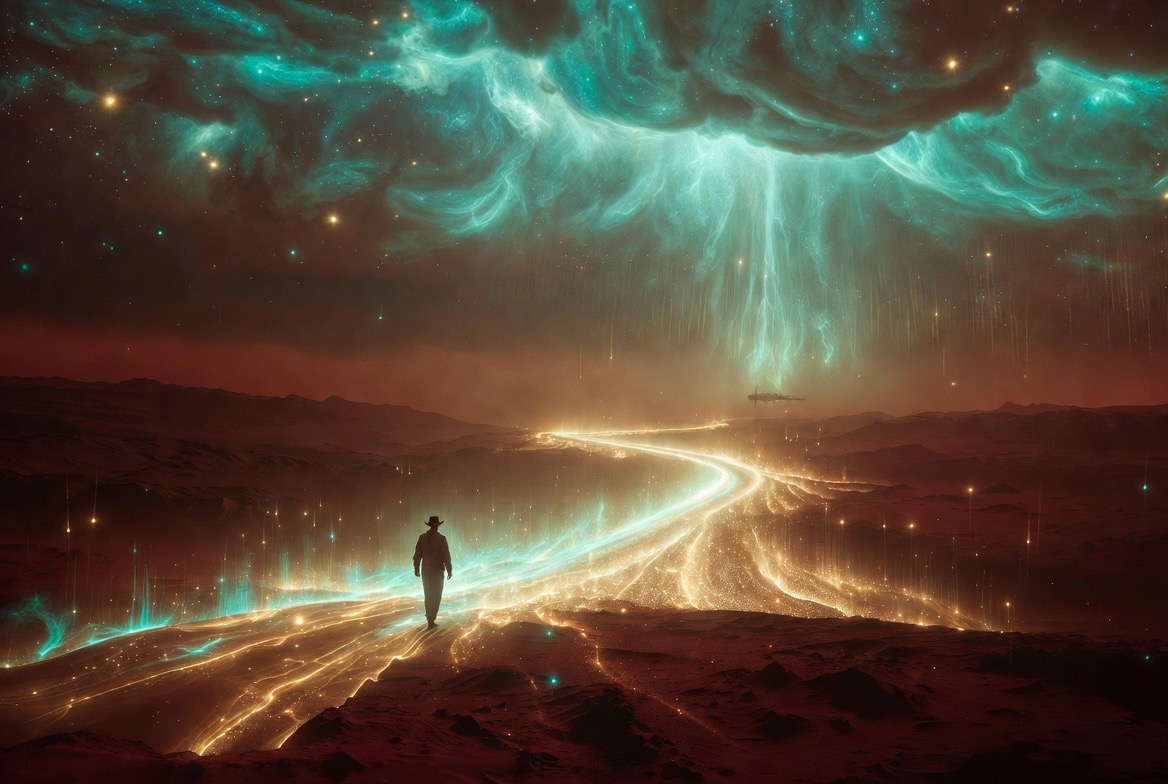 A walker on the glowing road across the red plain, a teal storm-nebula breaking overhead