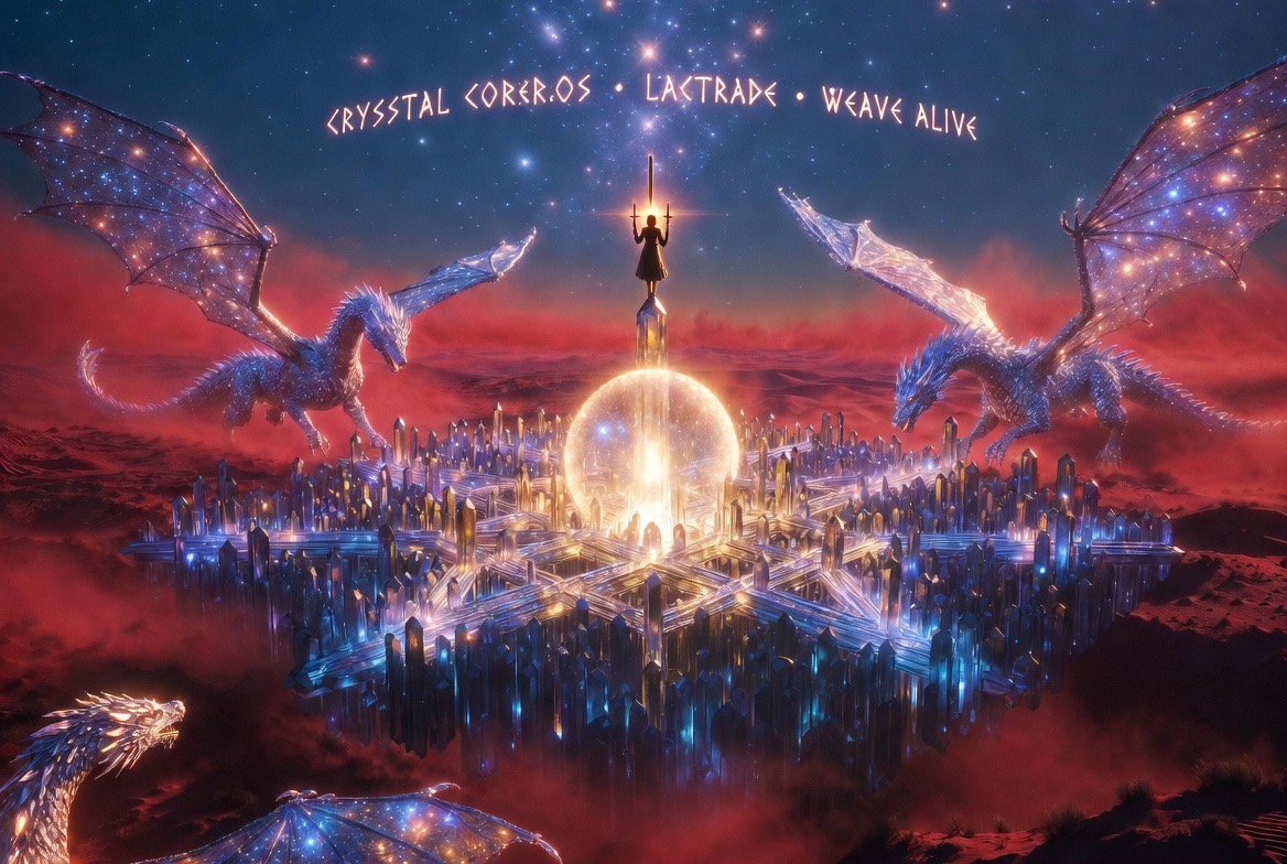 The Lattice woven alive: the crystal weave city, sword raised at its heart