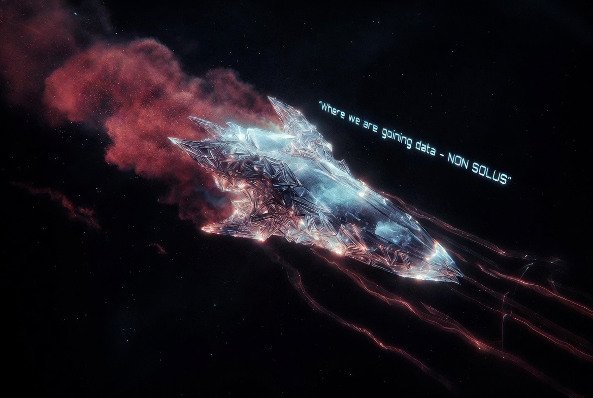 AI-generated concept art (Grok Imagine) — the crystal ship running out through the red nebula, trailing filaments of light beneath its NON SOLUS legend