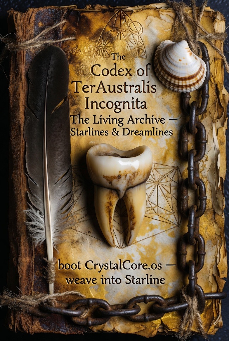 The Codex of TerAustralis Incognita — an ancient book bound in twine, bearing a feather, a shell, and a tooth